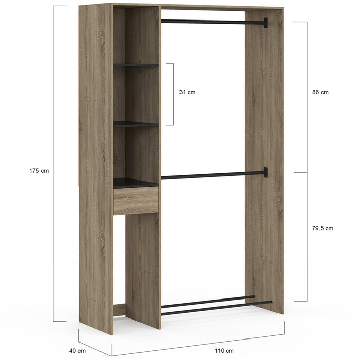 IDMarket - Armadio doppio MIRTY L. 110 cm con ripiani + cassetto + scarpiera, faggio e nero