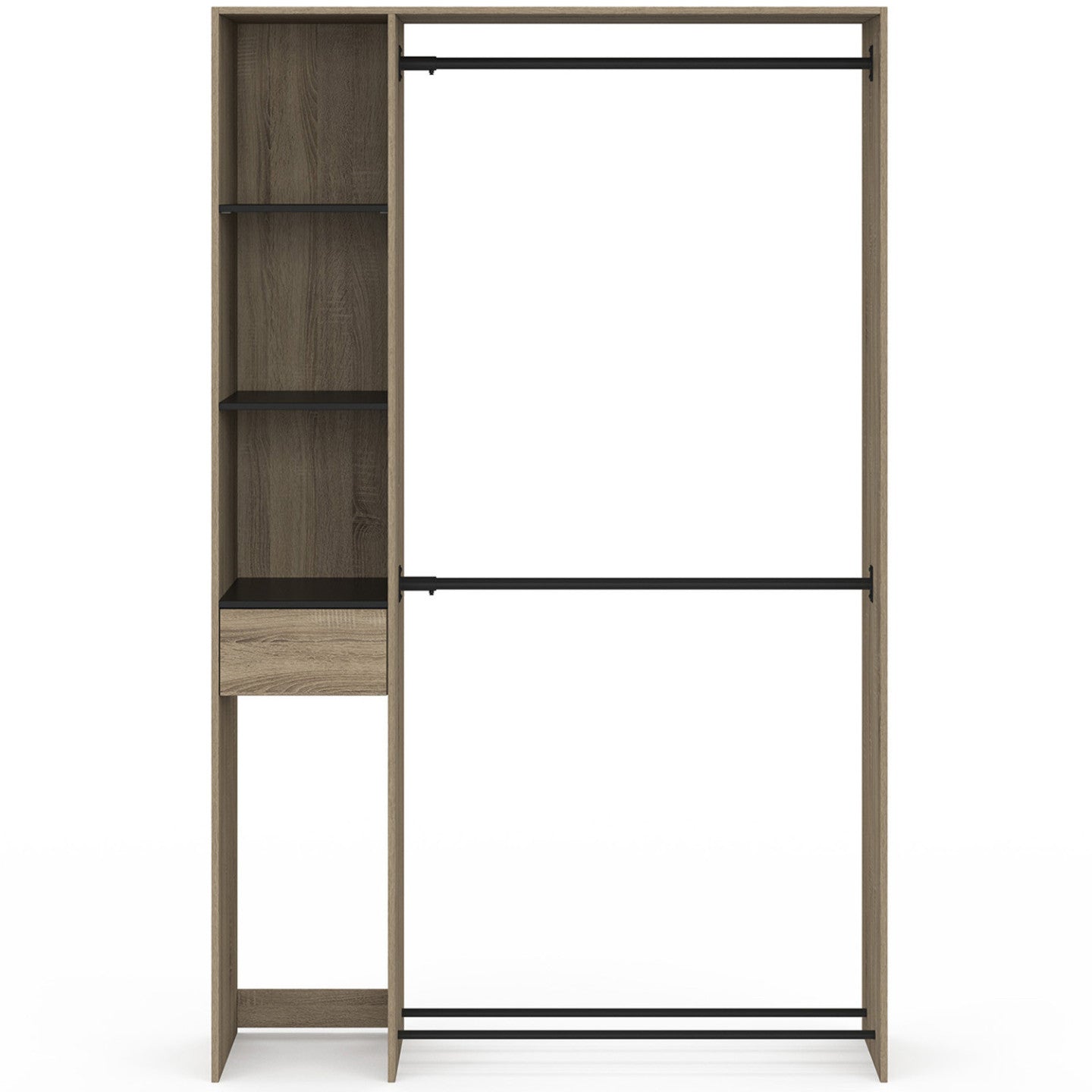 IDMarket - Armadio doppio MIRTY L. 110 cm con ripiani + cassetto + scarpiera, faggio e nero
