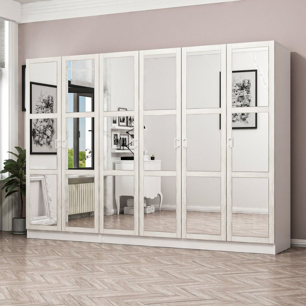Armadio Kale 6 ante battenti bianco con specchi 270x52x190H – Eleganza e capienza