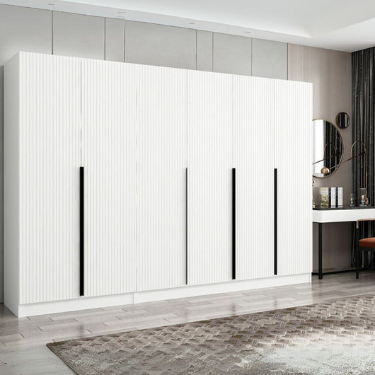 Armadio Kale 6 ante battenti effetto cannettato bianco 270x52x210H – Eleganza e capienza