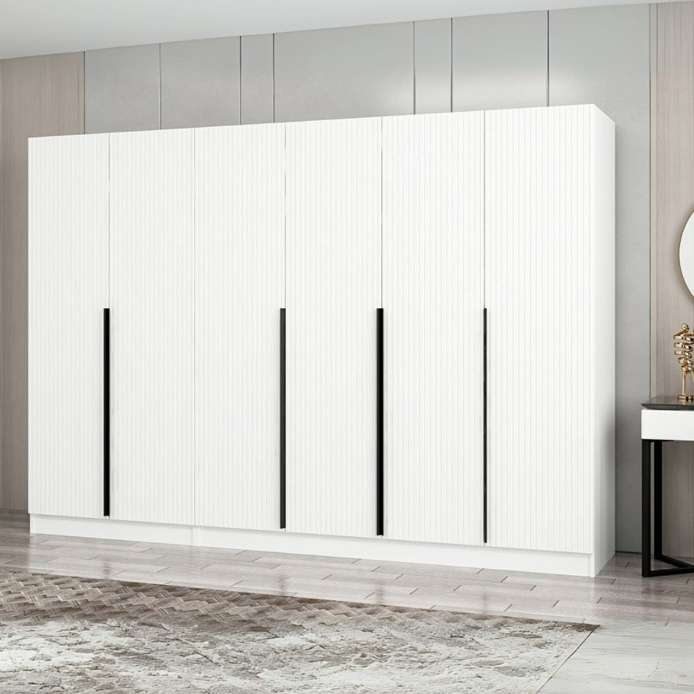 Armadio Kale 6 ante battenti effetto cannettato bianco 270x52x210H – Eleganza e capienza
