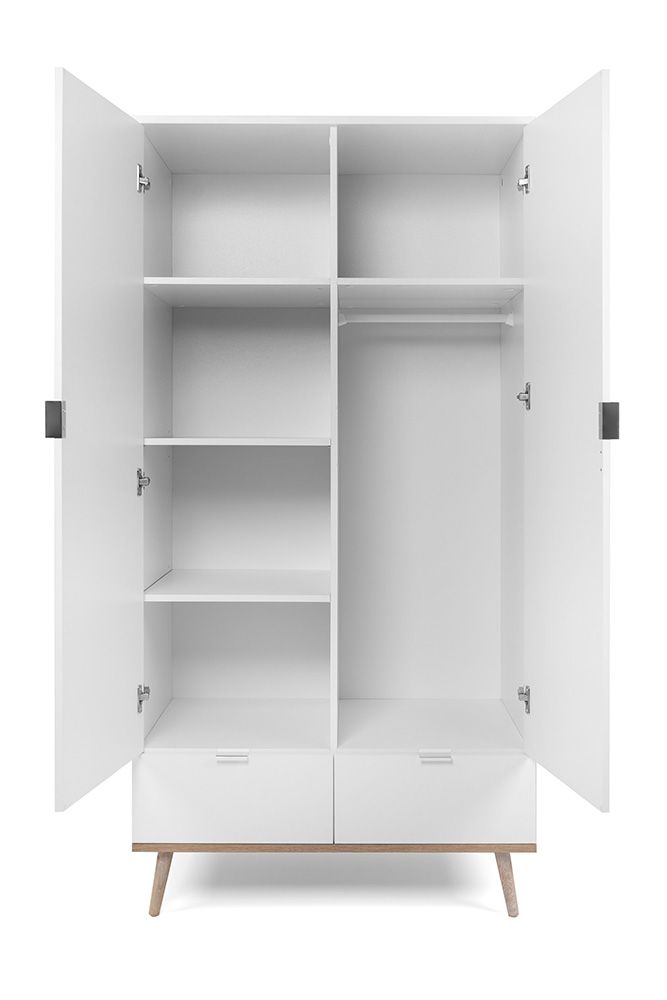 Armadio con 2 ante e 2 cassetti in finitura bianco con piedi in legno, ZFRGOT61