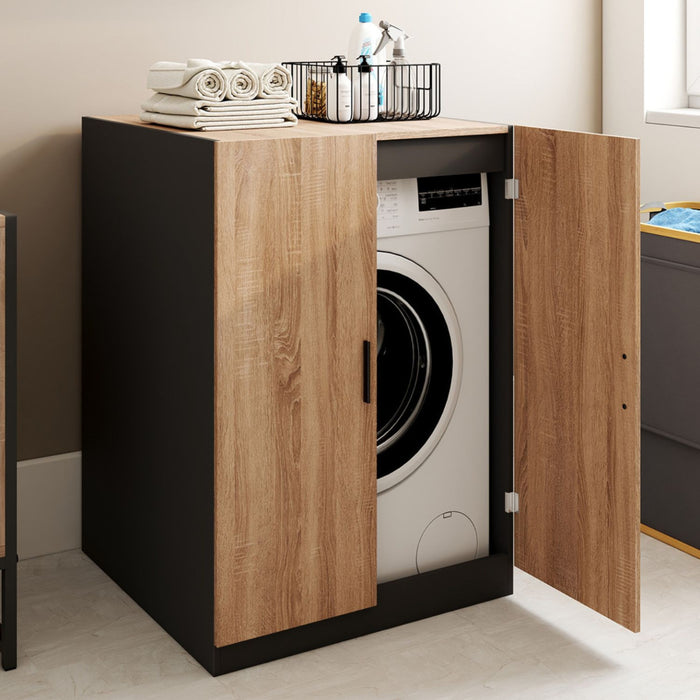 IDMarket - Armadio per lavatrice con ante WALLIS nero e faggio