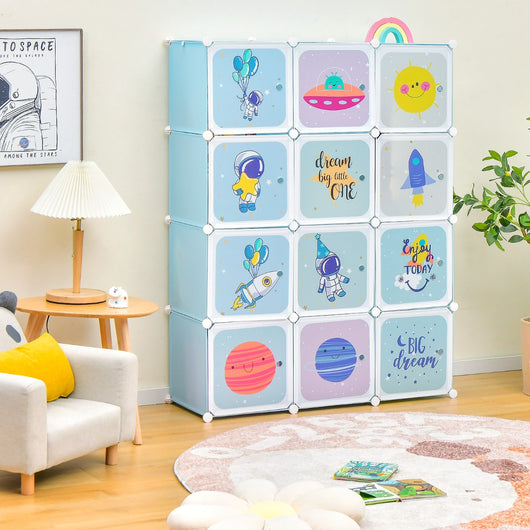 Armadio a 12 cubi per bambini con 2 barre appendiabiti motivi adorabili, Armadio per cameretta 109x37x145cm Azzurro-Armadi Appendiabiti
