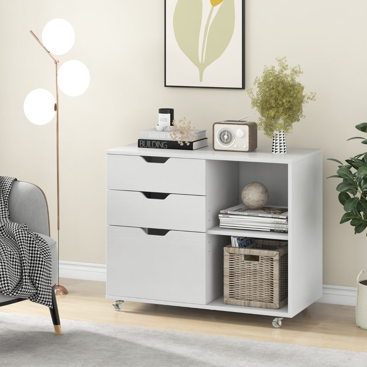 Armadio a 3 ante con ruote piano regolabile per cartelle, Mobile da stampante per l'organizzazione dell'ufficio Bianco-Armadi da ufficio