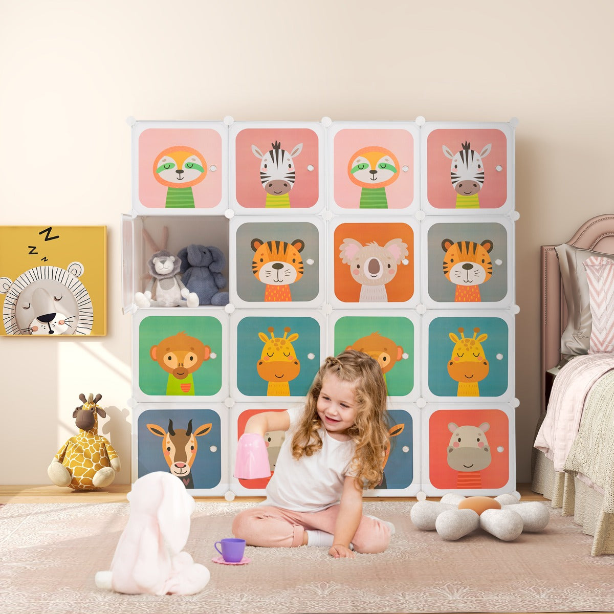 Armadio per bambini portatile 8 cubi con barra appendiabiti, Armadio bambini mobile motivi adorabili per cameretta Bianco-Armadi Appendiabiti