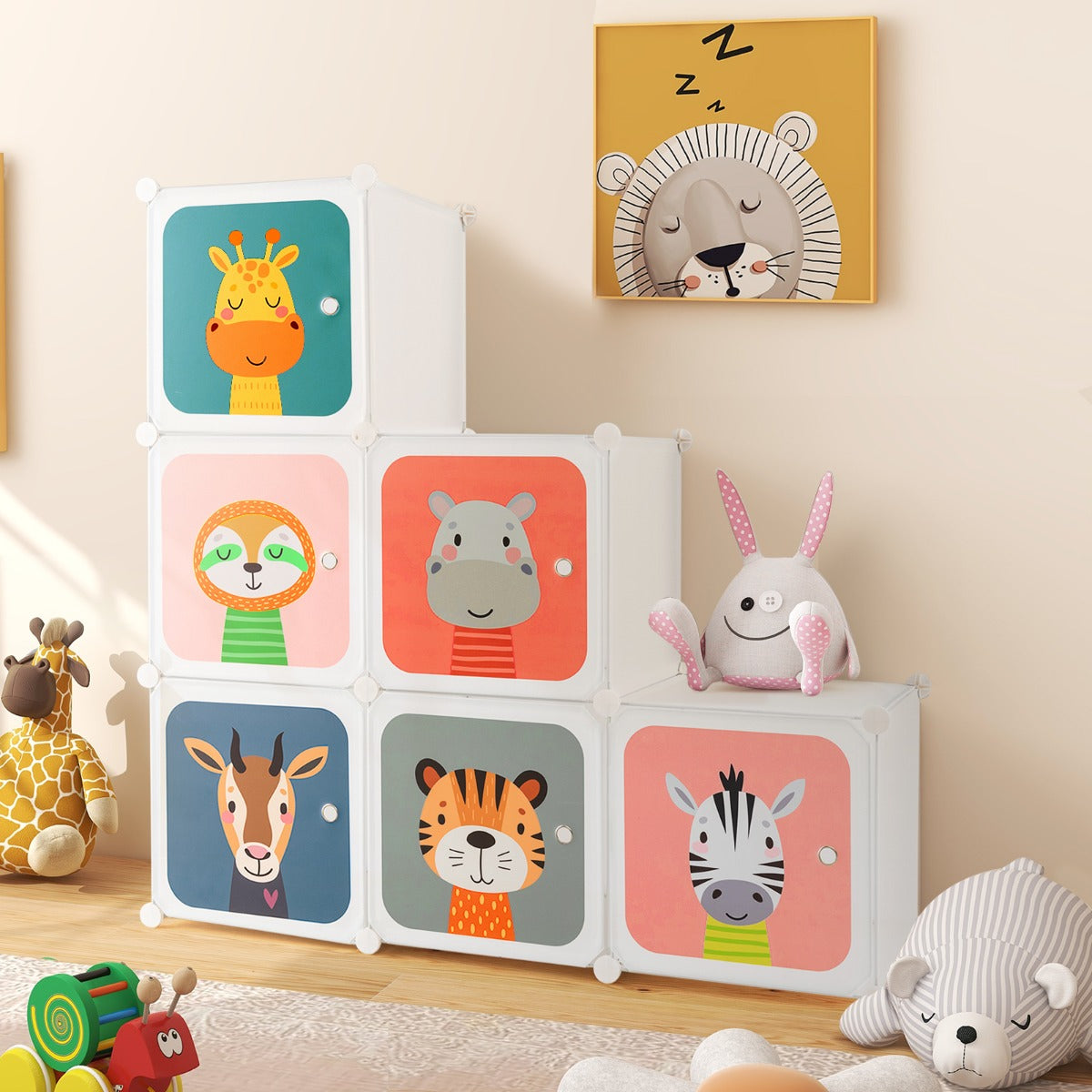 Armadio per bambini portatile 8 cubi con barra appendiabiti, Armadio bambini mobile motivi adorabili per cameretta Bianco-Armadi Appendiabiti