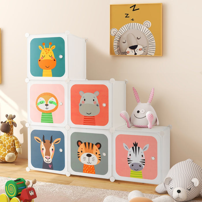 Armadio per bambini portatile 8 cubi con barra appendiabiti, Armadio bambini mobile motivi adorabili per cameretta Bianco-Armadi Appendiabiti