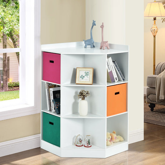 Armadio ad angolo con tre cestini colorati, Organizzatore in legno 81x61x94cm Bianco-Librerie