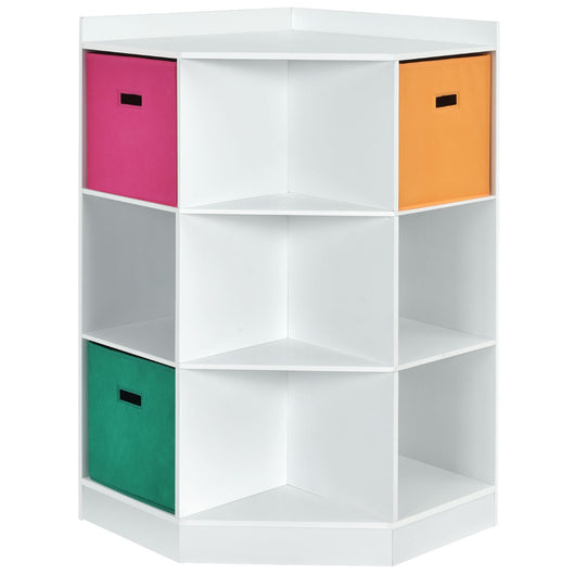 Armadio ad angolo con tre cestini colorati, Organizzatore in legno 81x61x94cm Bianco-Librerie
