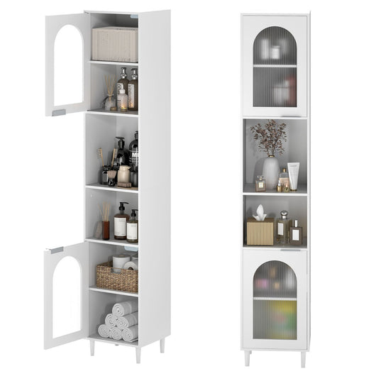 Armadio alto da bagno con 2 ante in vetro scanalato-Mobiletto da bagno Armadio sottile autoportante con ripiani regolabili per cucina Bianco