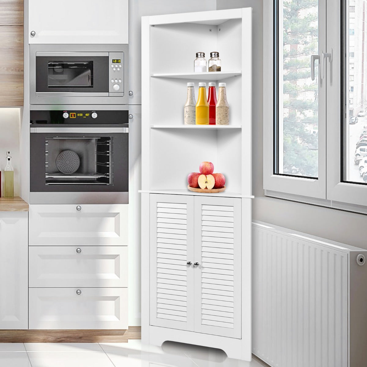 Armadio angolare per bagno camera da letto e soggiorno-Mobiletto da bagno Armadio alto autoportante con 3 ripiani aperti Bianco