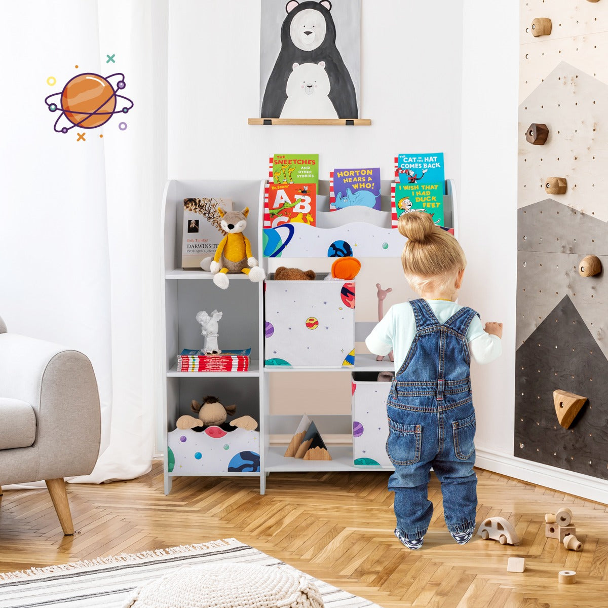 Armadio con 3 livelli e 5 scompartimenti per bambini, Organizer con 2 cassetti per giocattoli e libri Colorato 2-Scaffalature