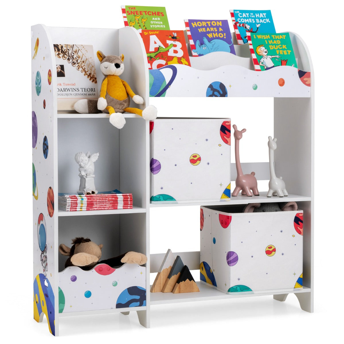 Armadio con 3 livelli e 5 scompartimenti per bambini, Organizer con 2 cassetti per giocattoli e libri Colorato 2-Scaffalature