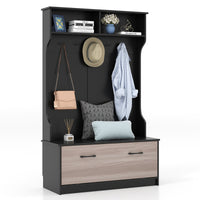 Armadio con appendiabiti multifunzionale con panca 5 ganci doppi, Organizzatore indipendente per ingresso Nero-Appendiabiti