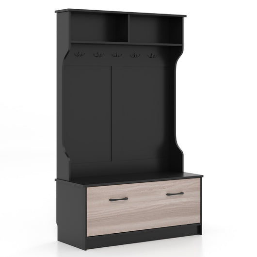 Armadio con appendiabiti multifunzionale con panca 5 ganci doppi, Organizzatore indipendente per ingresso Nero-Appendiabiti