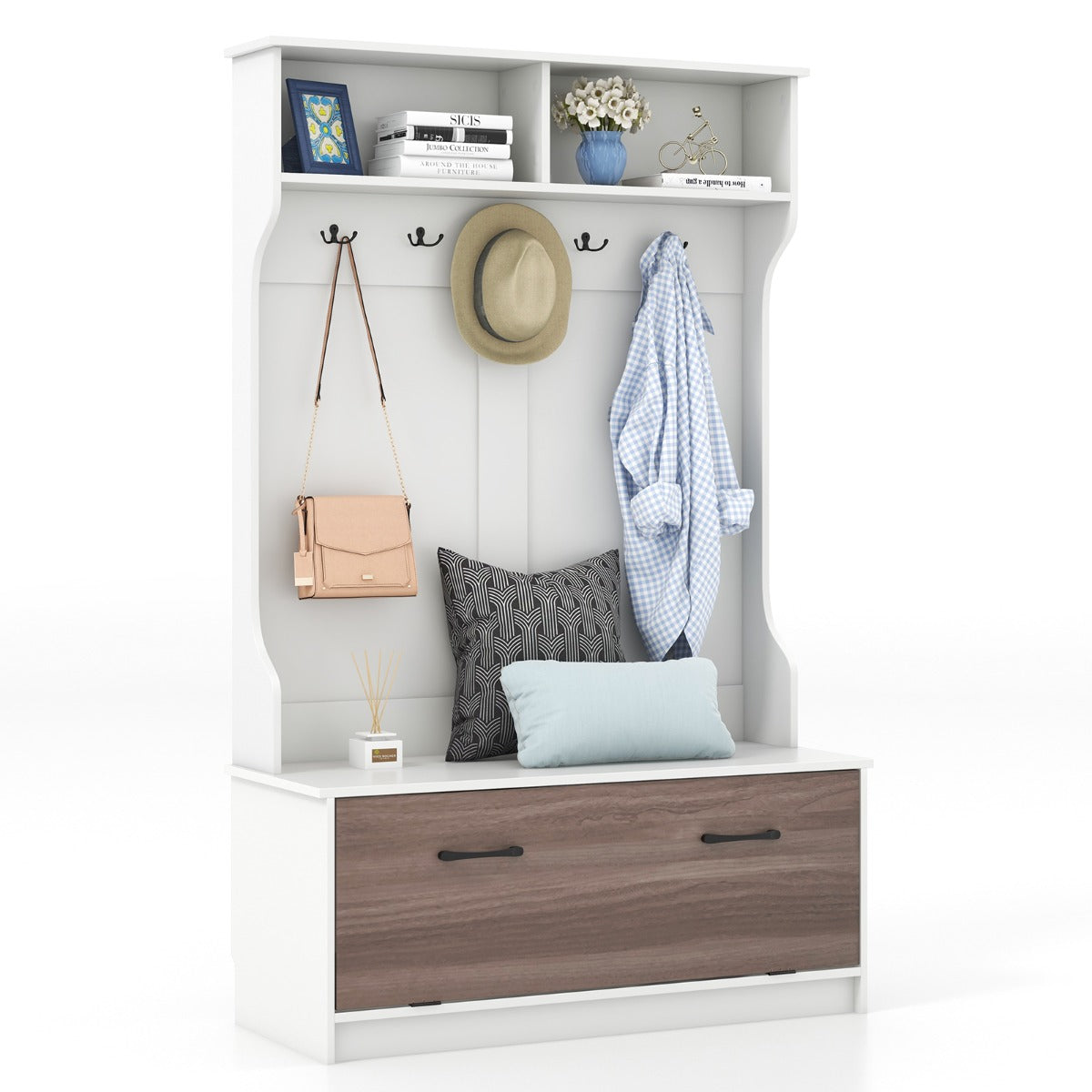 Armadio con appendiabiti multifunzionale con panca 5 ganci doppi, Organizzatore indipendente per ingresso Bianco-Appendiabiti
