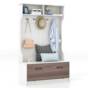 Armadio con appendiabiti multifunzionale con panca 5 ganci doppi, Organizzatore indipendente per ingresso Bianco-Appendiabiti