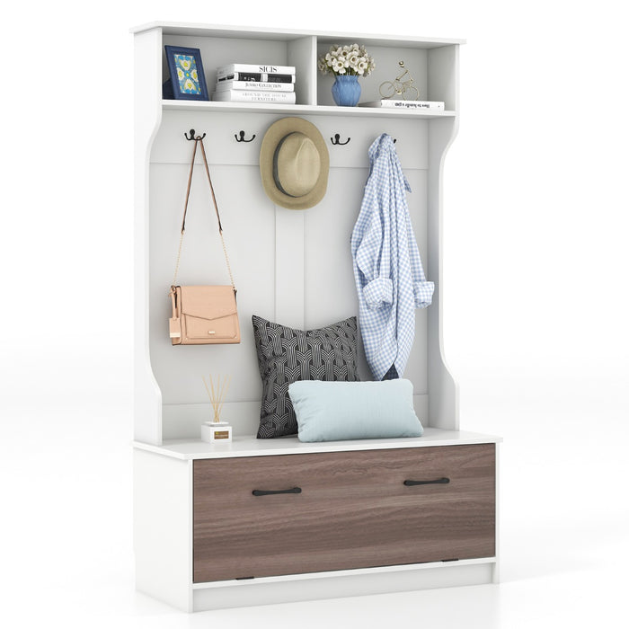 Armadio con appendiabiti multifunzionale con panca 5 ganci doppi, Organizzatore indipendente per ingresso Bianco-Appendiabiti