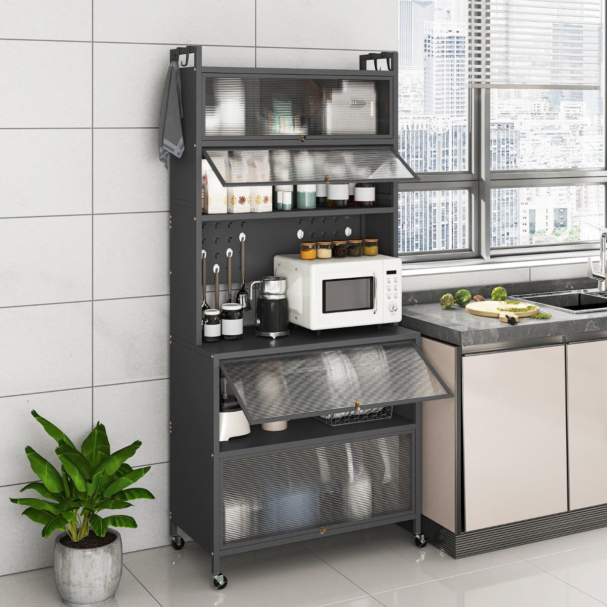 Armadio cucina 6 livelli buffet credenza, Porte ribalta supporto microonde pannello forato ganci Grigio-Credenze buffet