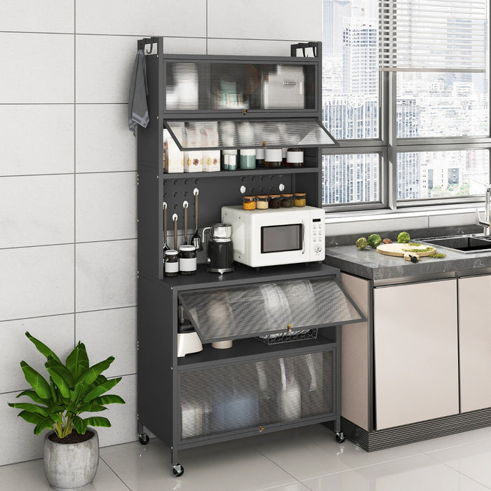 Armadio cucina 6 livelli buffet credenza, Porte ribalta supporto microonde pannello forato ganci Grigio-Credenze buffet