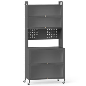 Armadio cucina 6 livelli buffet credenza, Porte ribalta supporto microonde pannello forato ganci Grigio-Credenze buffet