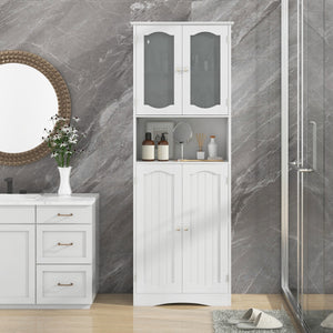 Armadio da bagno alto-Mobiletto da bagno 164cm con porte in vetro satinato e ripiani, Mobile autonomo per cucina soggiorno ufficio Bianco