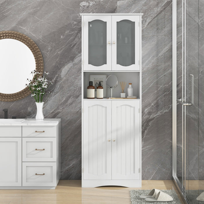 Armadio da bagno alto-Mobiletto da bagno 164cm con porte in vetro satinato e ripiani, Mobile autonomo per cucina soggiorno ufficio Bianco