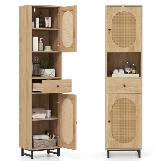 Armadio da bagno stretto e alto da 170cm, Armadio in rattan autonomo con porte ripiani regolabili e cassetto Naturale-Armadietti da bagno
