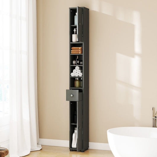 Armadio da bagno alto-Mobiletto da bagno slim con 1 cassetto di stoccaggio, Armadio da bagno 5 ripiani regolabili struttura antiscivolo Grigio