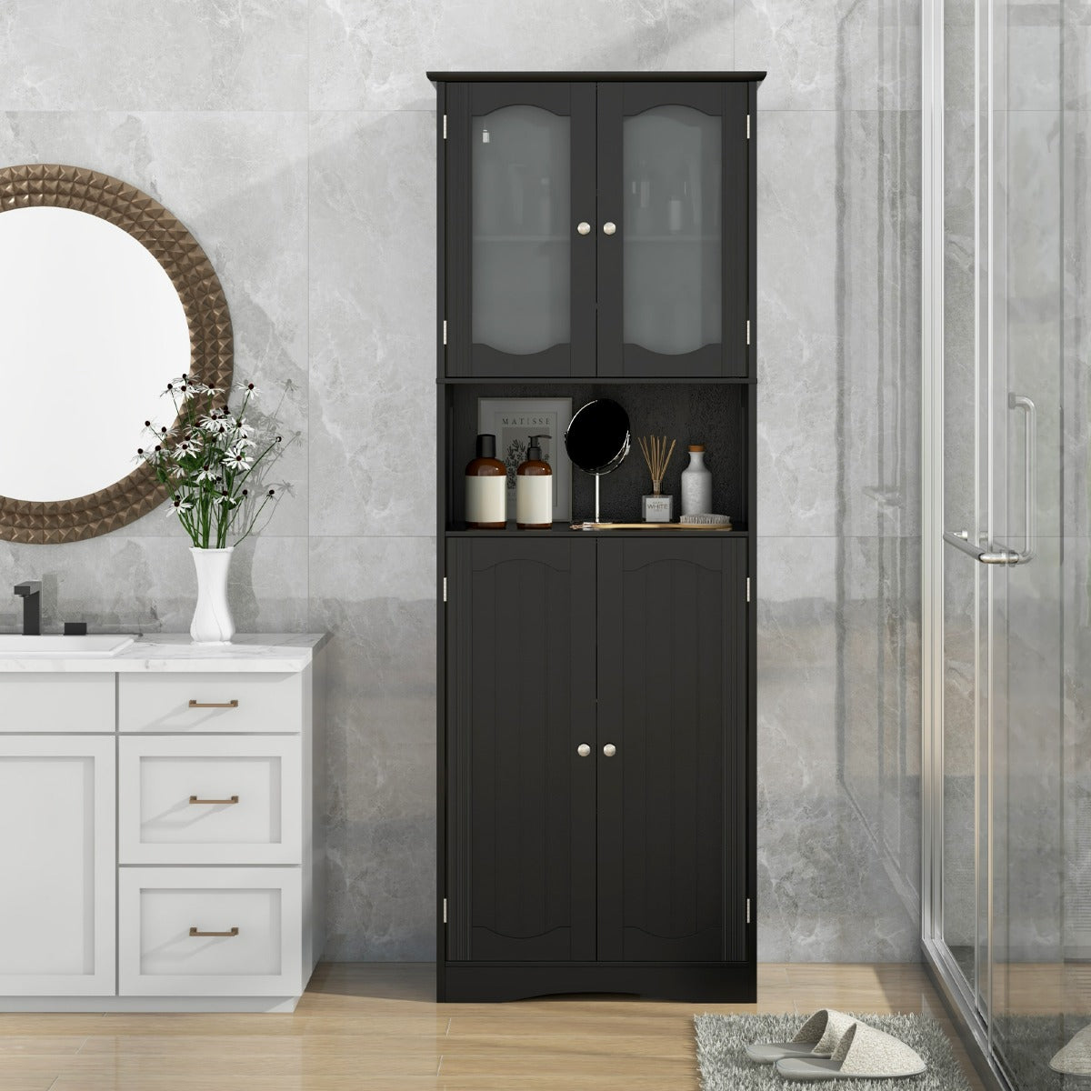 Armadio da bagno alto-Mobiletto da bagno 164cm con porte in vetro satinato e ripiani, Mobile autonomo per cucina soggiorno ufficio Nero