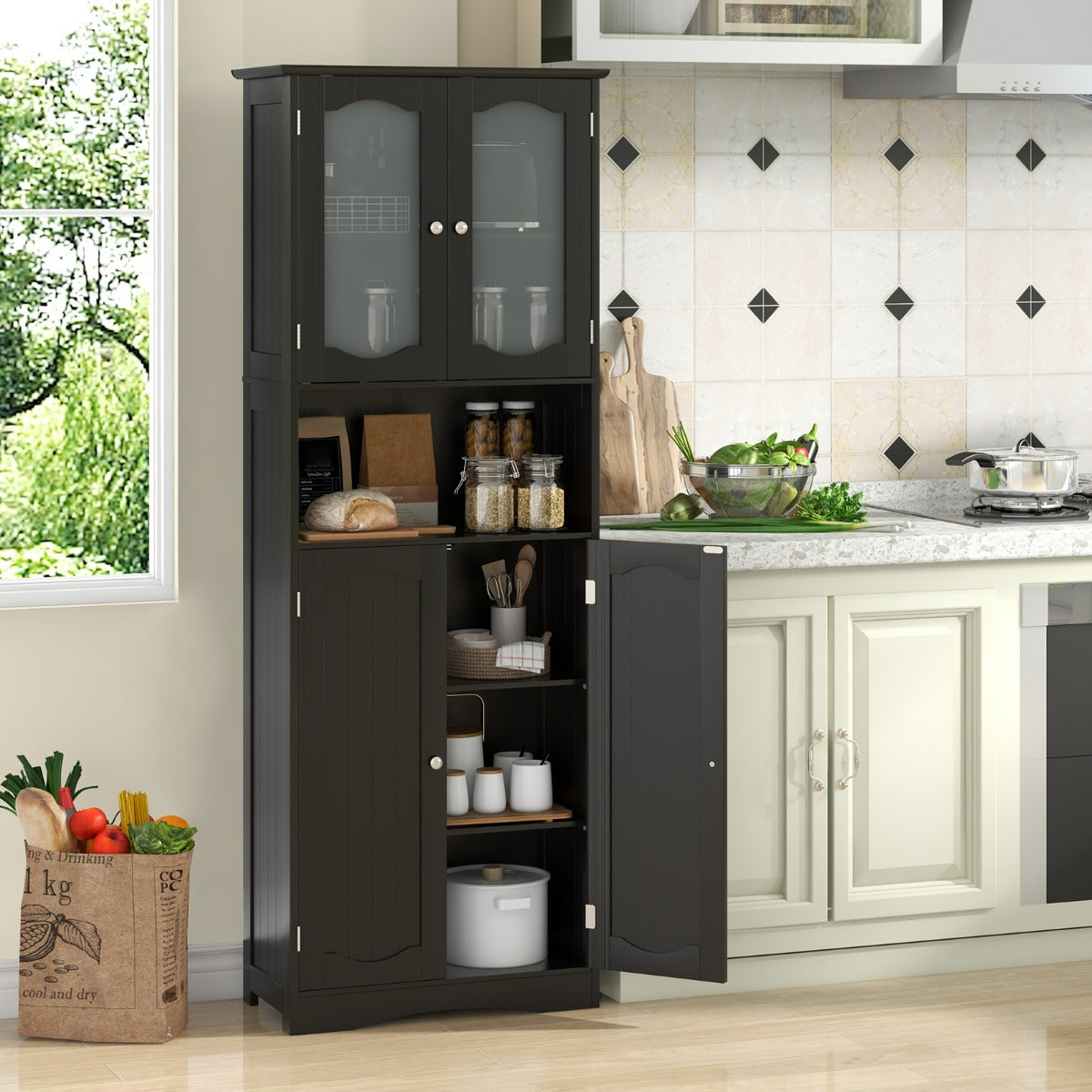 Armadio da bagno alto-Mobiletto da bagno 164cm con porte in vetro satinato e ripiani, Mobile autonomo per cucina soggiorno ufficio Nero