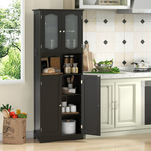 Armadio da bagno alto-Mobiletto da bagno 164cm con porte in vetro satinato e ripiani, Mobile autonomo per cucina soggiorno ufficio Nero