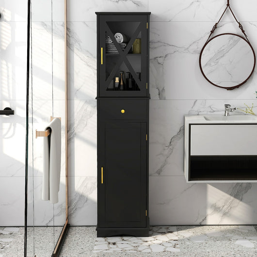 Armadio da bagno alto con cassetto per soggiorno e ufficio, Armadietto stretto in legno per cucina Nero-Armadietti da bagno