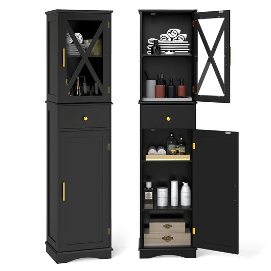 Armadio da bagno alto con cassetto per soggiorno e ufficio, Armadietto stretto in legno per cucina Nero-Armadietti da bagno