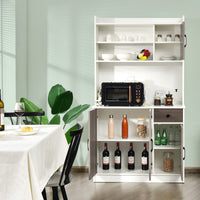 Armadio da cucina alto-Buffet-Armadio da cucina 180cm con stazione di ricarica integrata, Buffet con vetrina piano per microonde cassetto Bianco