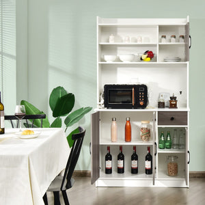 Armadio da cucina alto-Buffet-Armadio da cucina 180cm con stazione di ricarica integrata, Buffet con vetrina piano per microonde cassetto Bianco