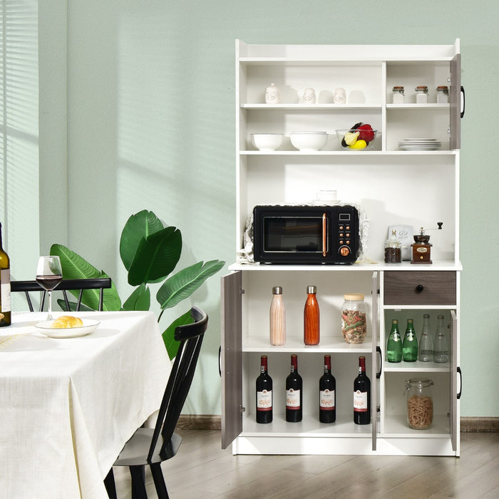 Armadio da cucina alto-Buffet-Armadio da cucina 180cm con stazione di ricarica integrata, Buffet con vetrina piano per microonde cassetto Bianco