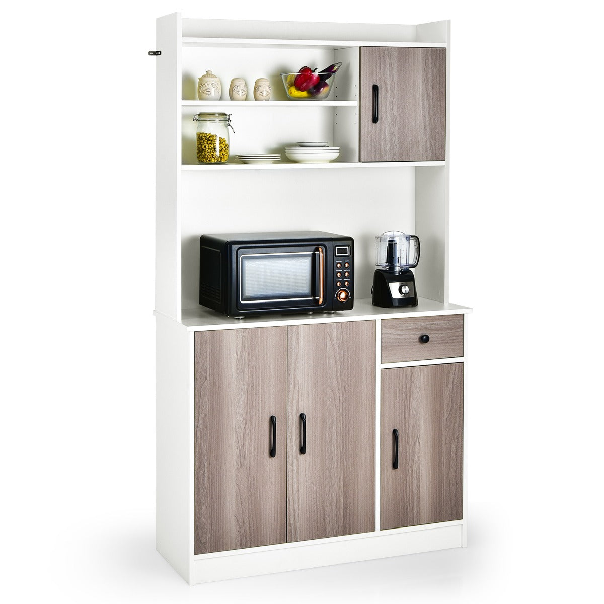 Armadio da cucina alto-Buffet-Armadio da cucina 180cm con stazione di ricarica integrata, Buffet con vetrina piano per microonde cassetto Bianco
