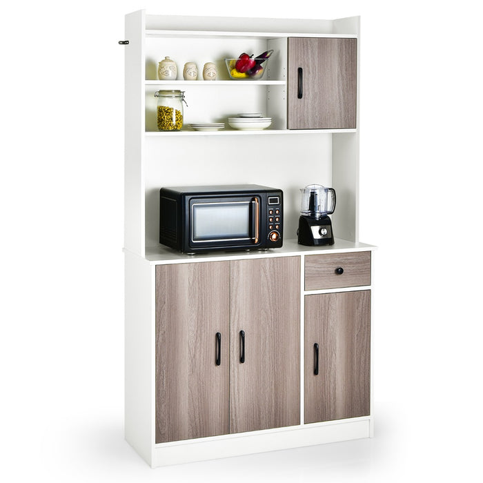 Armadio da cucina alto-Buffet-Armadio da cucina 180cm con stazione di ricarica integrata, Buffet con vetrina piano per microonde cassetto Bianco