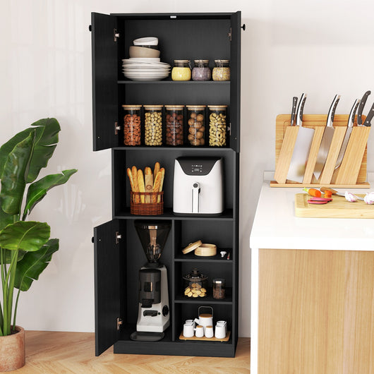 Mobile cucina dispensa con 2 armadietti e 3 ante-Credenza alta per cucina con 4 ripiani aperti resistenti Nero