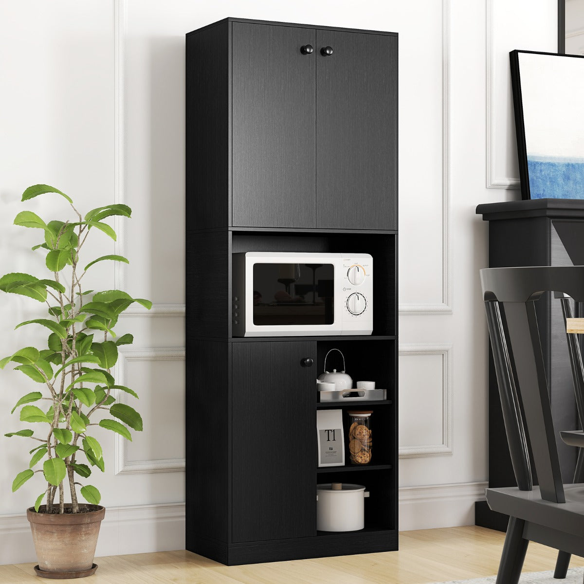 Mobile cucina dispensa con 2 armadietti e 3 ante-Credenza alta per cucina con 4 ripiani aperti resistenti Nero