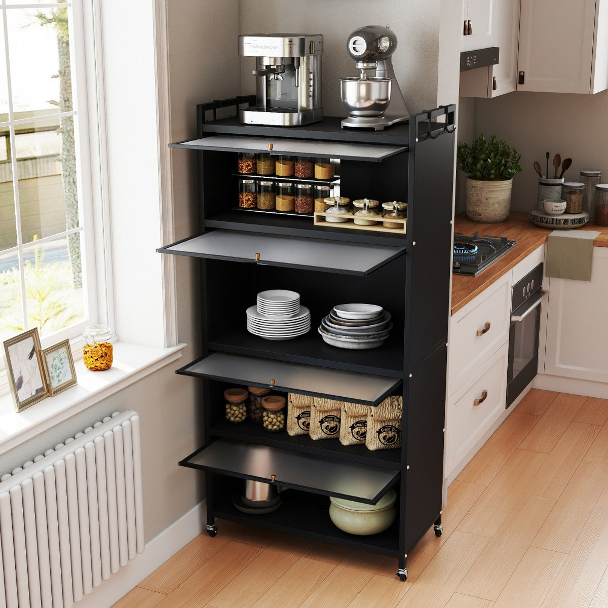 Armadio da cucina a 5 ripiani con 4 ante a ribalta e piedini regolabili, Carrello porta microonde per sala da pranzo Nero-Credenze buffet