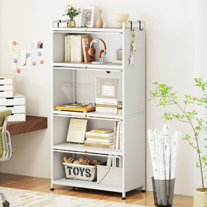 Armadio da cucina a 5 ripiani con 4 ante a ribalta e piedini regolabili, Carrello porta microonde per sala da pranzo Bianco-Credenze buffet