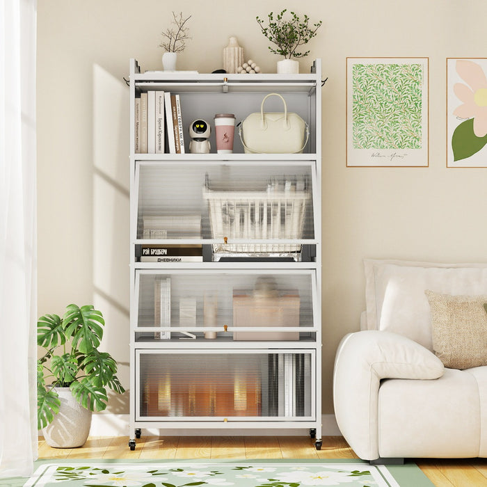 Armadio da cucina a 5 ripiani con 4 ante a ribalta e piedini regolabili, Carrello porta microonde per sala da pranzo Bianco-Credenze buffet