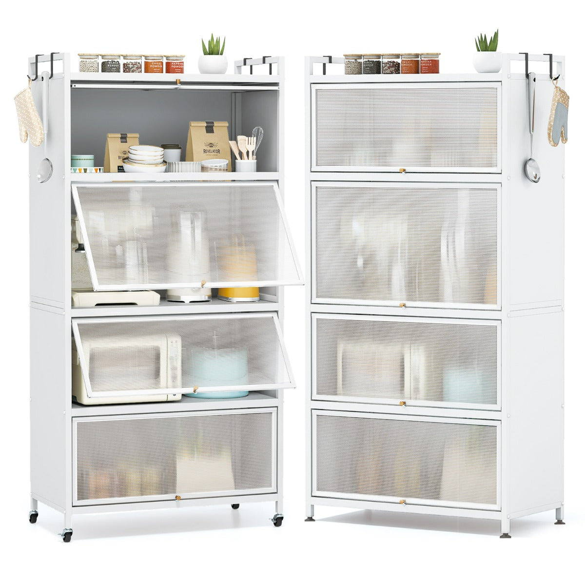 Armadio da cucina a 5 ripiani con 4 ante a ribalta e piedini regolabili, Carrello porta microonde per sala da pranzo Bianco-Credenze buffet