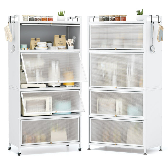 Armadio da cucina a 5 ripiani con 4 ante a ribalta e piedini regolabili, Carrello porta microonde per sala da pranzo Bianco-Credenze buffet