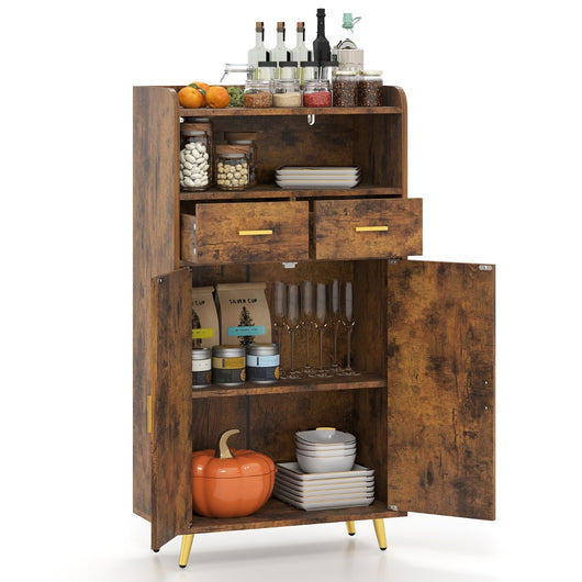 Mobile dispensa 113 cm con ante 2 cassetti e ripiano regolabile per bagno, Armadio da cucina sala da pranzo soggiorno Marrone-Credenze buffet