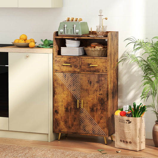 Mobile dispensa 113 cm con ante 2 cassetti e ripiano regolabile per bagno, Armadio da cucina sala da pranzo soggiorno Marrone-Credenze buffet