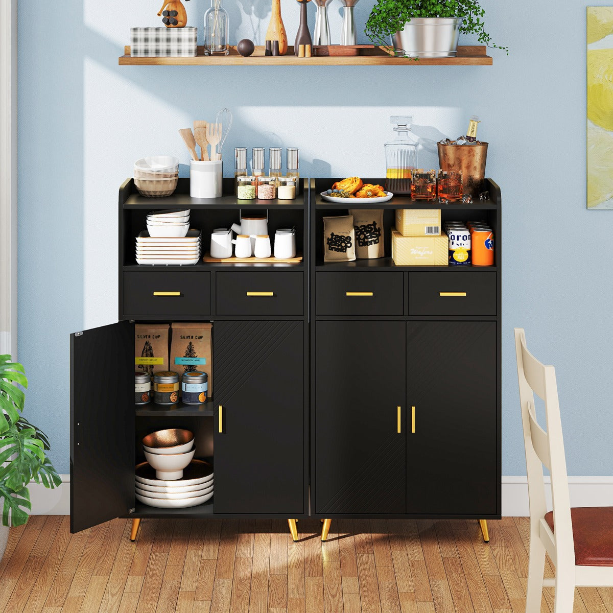 Mobile dispensa 113 cm con ante 2 cassetti e ripiano regolabile per bagno, Armadio da cucina sala da pranzo soggiorno Nero-Credenze buffet